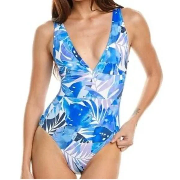 NWT Tommy Bahama Palm Modern Palma Mare Navy V-Neck One-Piece Swimsuit Size 16 - Picture 1 of 6